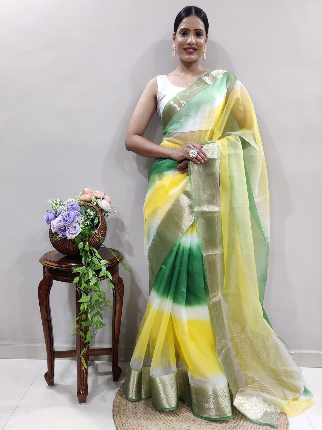 

Mitera Ethnic Motifs Zari Organza Holi Saree, Yellow