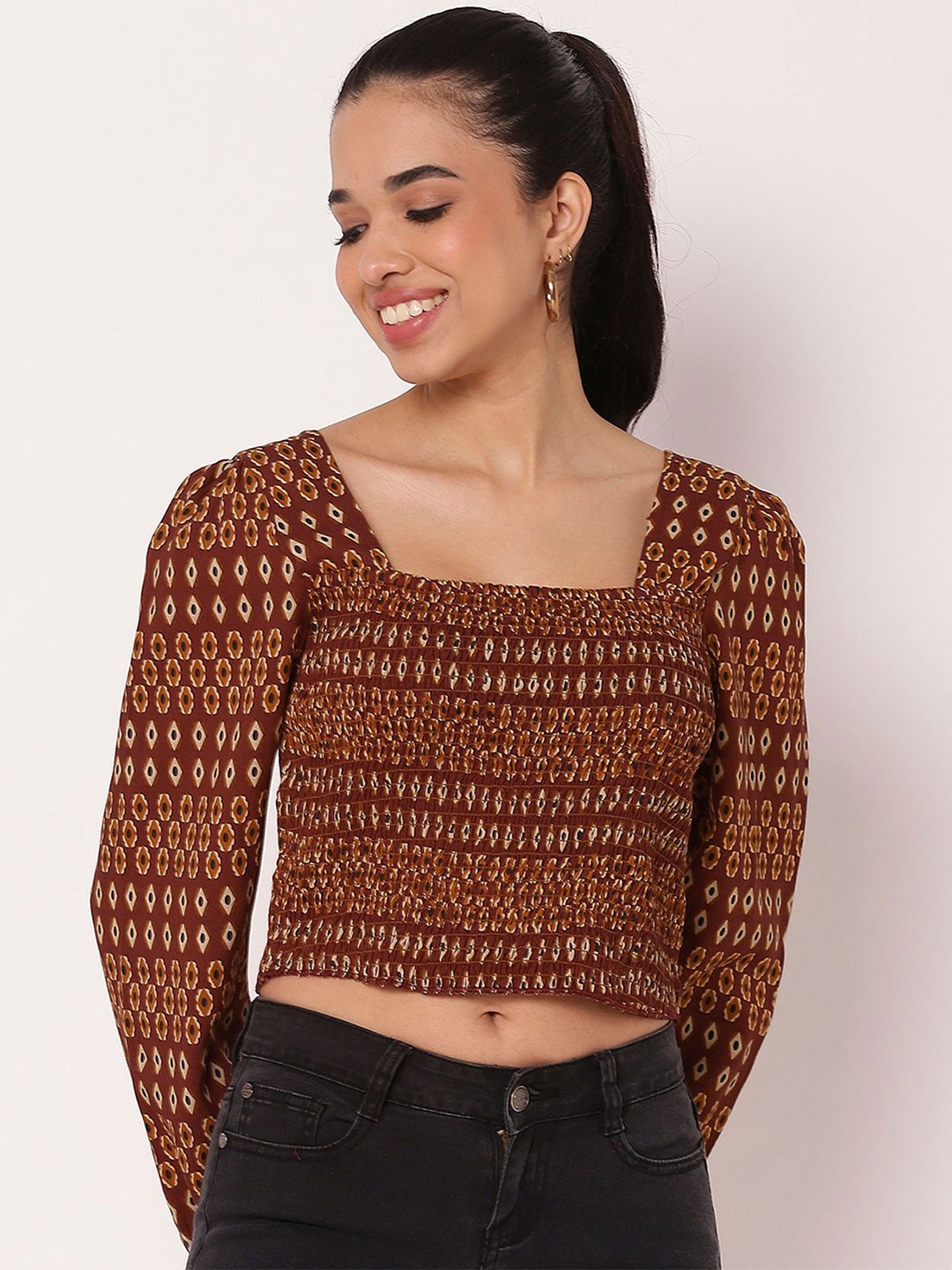 

Moomaya Women Tie and Dye Printed Blouson Crop Top, Brown