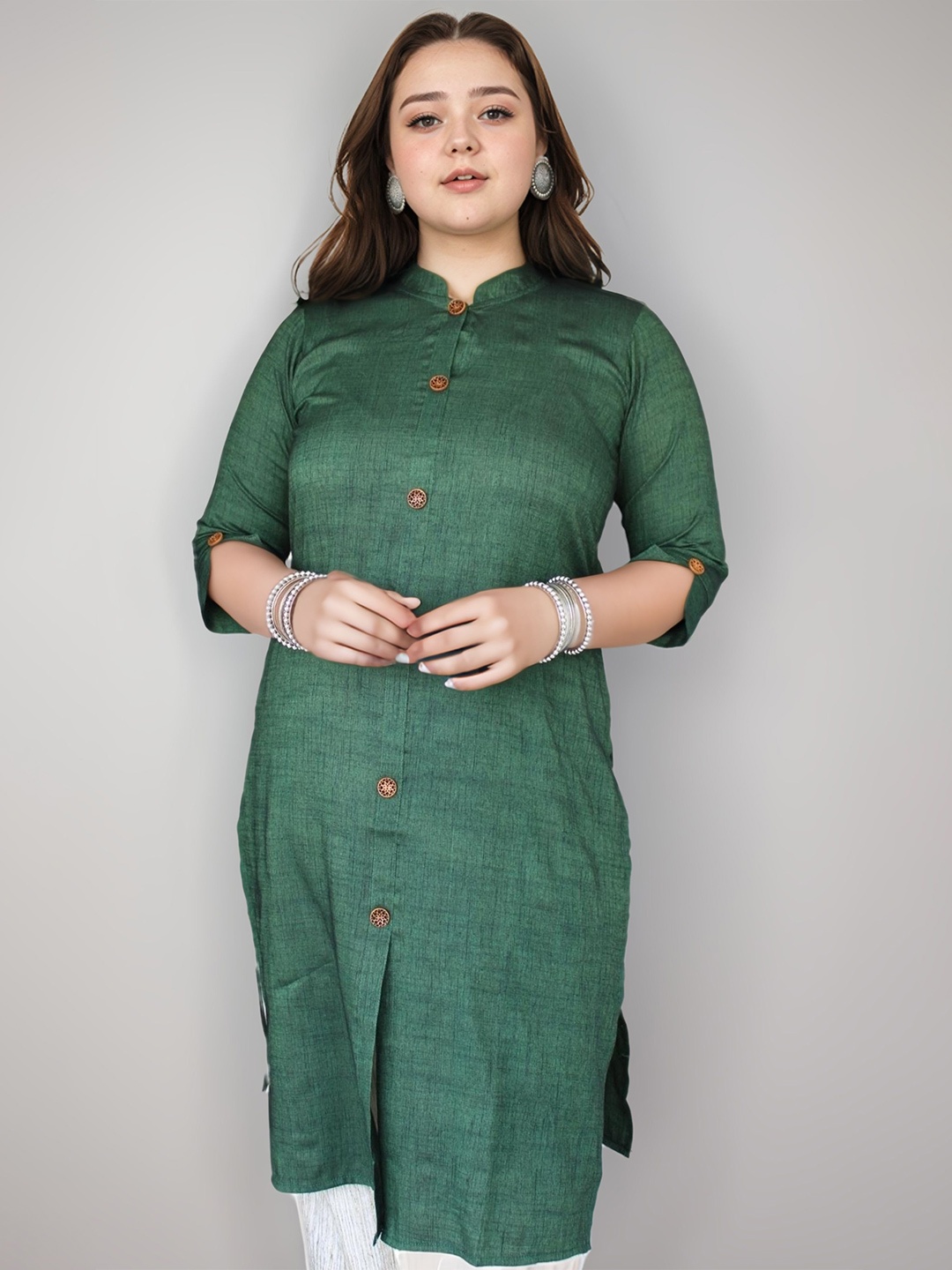 

SINDOORI Women Mandarin Collar Panelled Kurta, Green