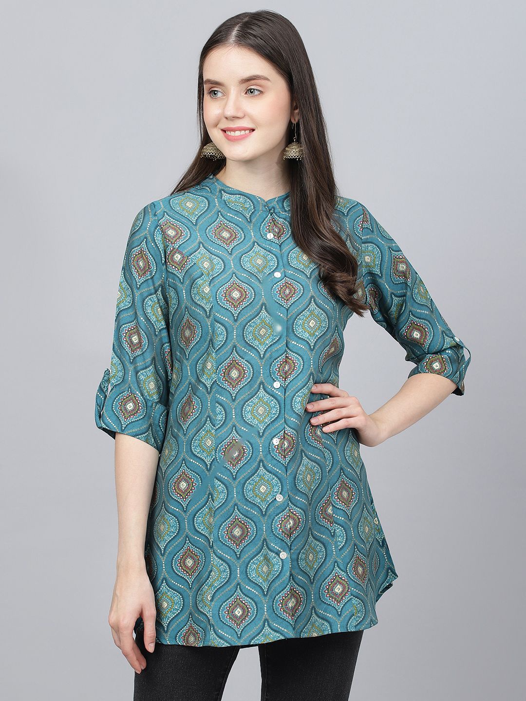 

BAESD Women Ethnic Motifs Printed Mandarin Collar Roll-Up Sleeves A-Line Top, Teal