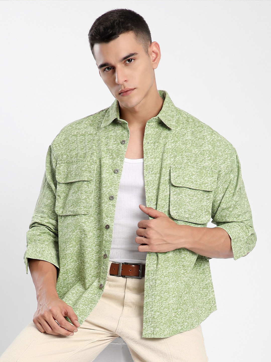 

Beyoung Men Herringbone Striped Shacket, Green