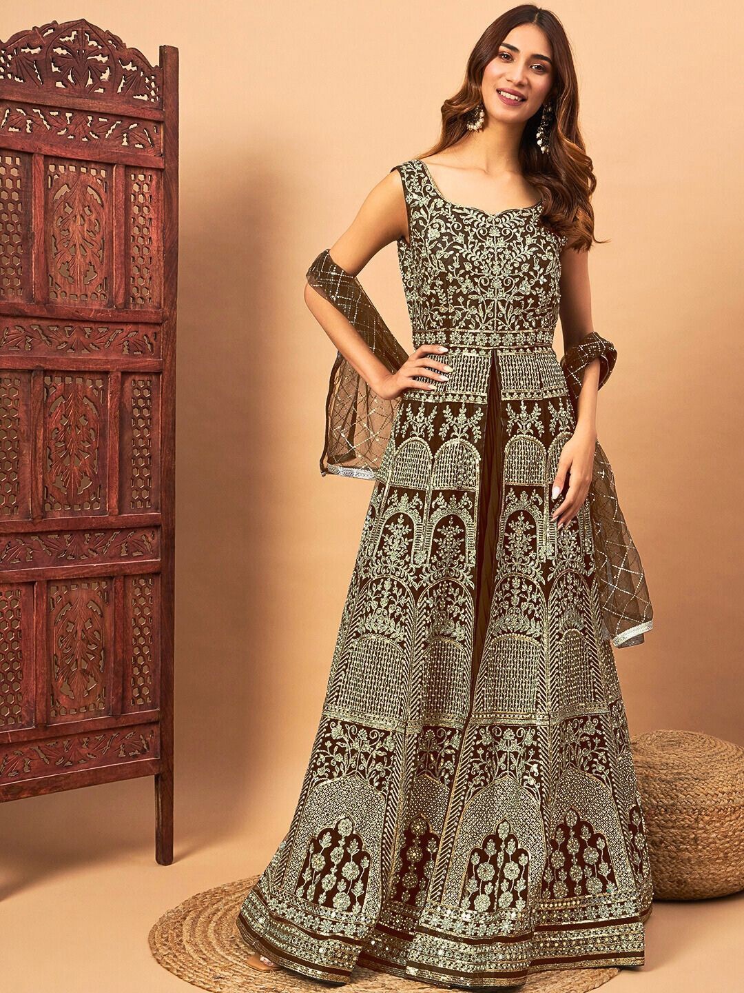 

Chhabra 555 Embroidered Lehenga With Kurta & Dupatta, Brown