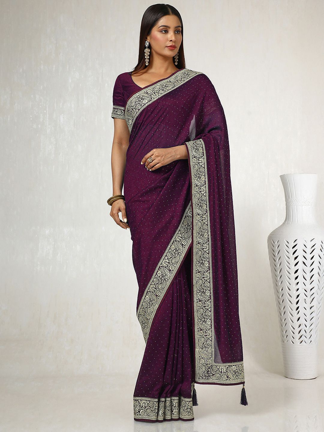 

Soch Ethnic Motifs Beads and Stones Silk Blend Tussar Saree, Purple