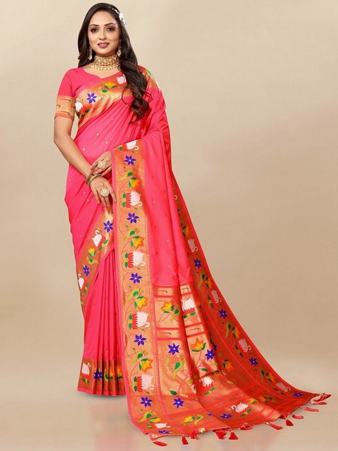 

VARNI FABRICS Woven Design Zari Pure Silk Paithani Saree, Peach