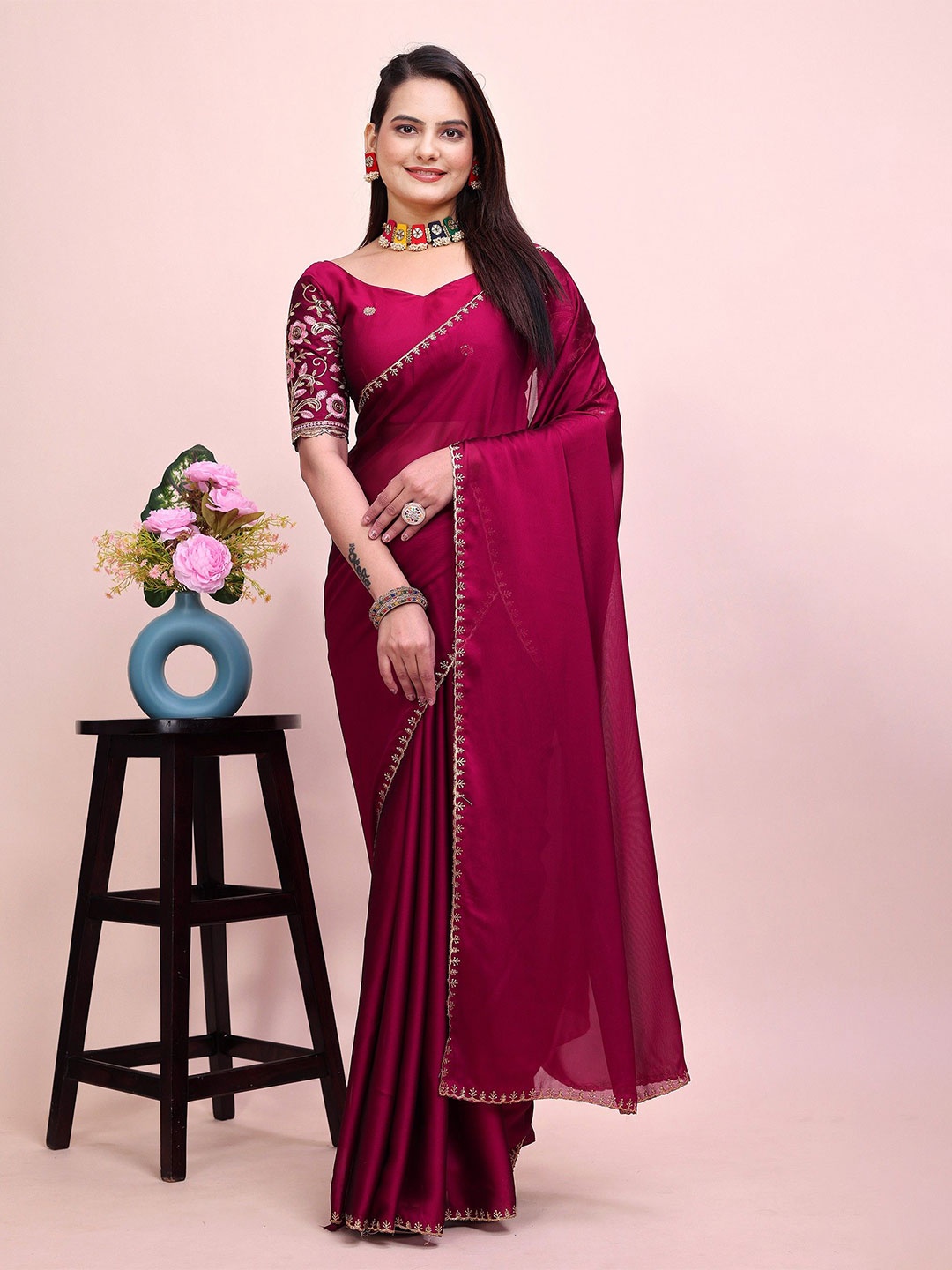 

K 5 Fashion Embroidered Pure Chiffon Saree, Burgundy