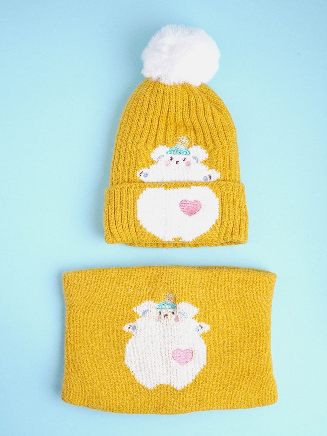 

Little Surprise Box LLP Kids Bear Themed Beanie With Matching Neck Cuff Style Muffler, Yellow