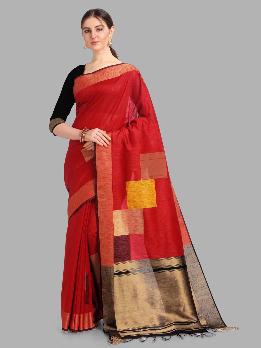 

Krimmple Colourblocked Zari Pure Silk Bhagalpuri Saree, Red