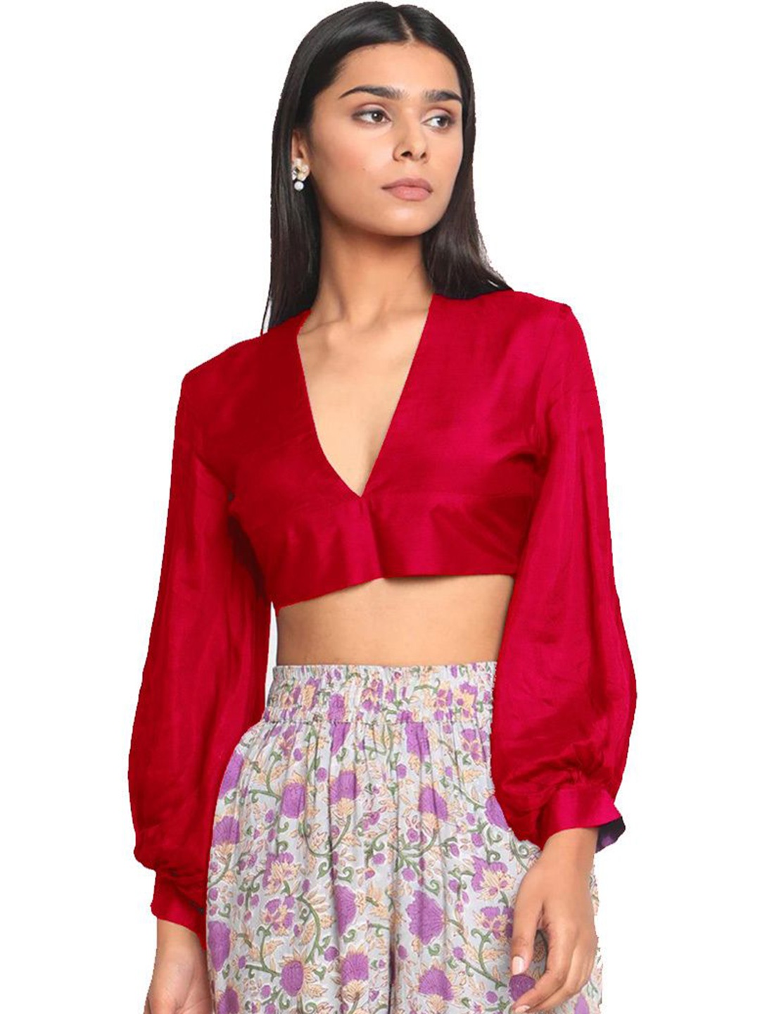 

CULPI Women V-Neck Pure Silk Regular Crop Top, Red