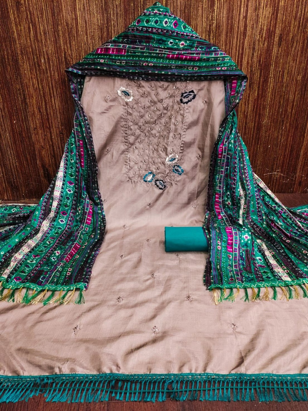 

A TO Z CART Embroidered Pure Silk Unstitched Dress Material, Beige