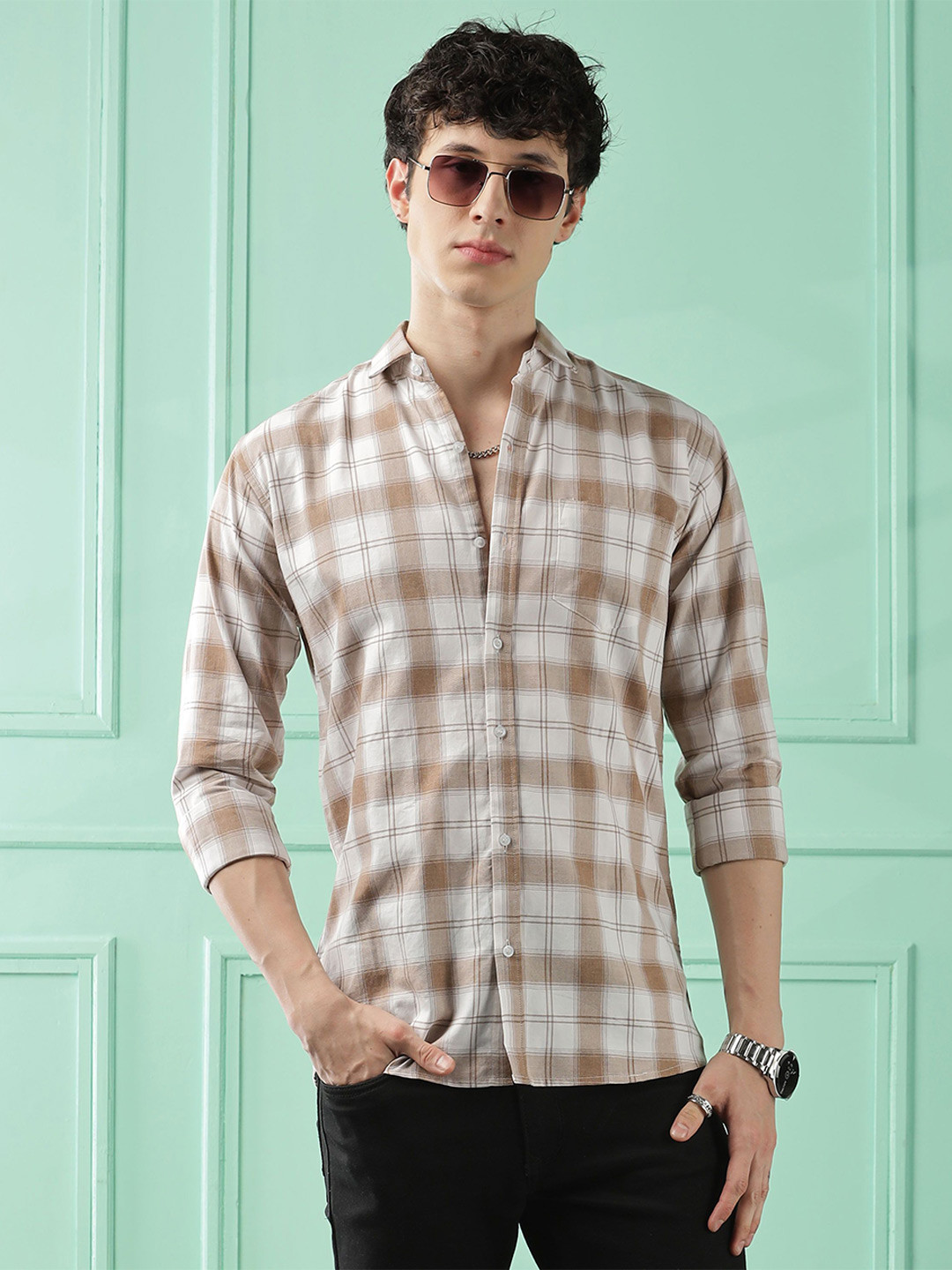 

WOXEN Men Original Fit Spread Collar Tartan Checked Cotton Casual Shirt, Cream