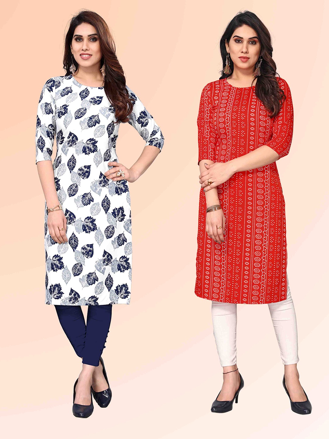 

KETAKI FASHION Selection Of 2 Floral Printed Round Neck Straight Kurtas, White