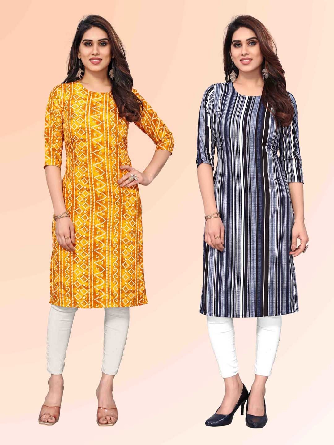 

KETAKI FASHION Selection Of 2 Ethnic Motifs Printed Round Neck Straight Kurtas, Yellow