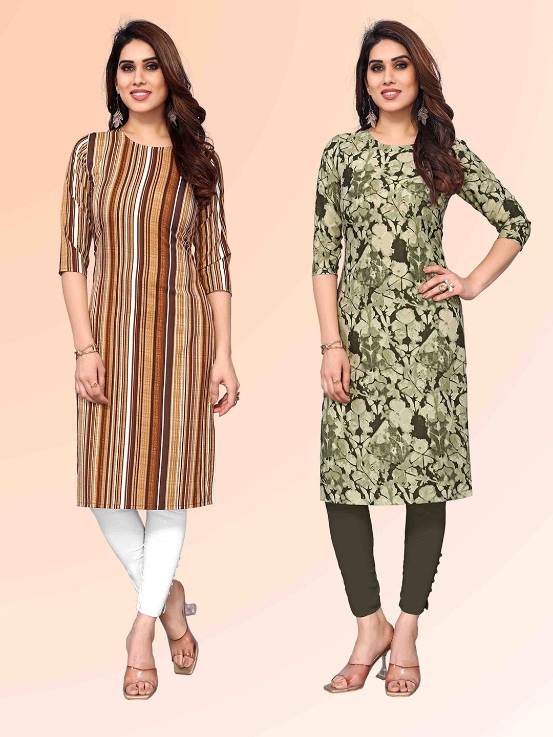 

KETAKI FASHION Selection Of 2 Striped Round Neck Straight Kurtis, Brown