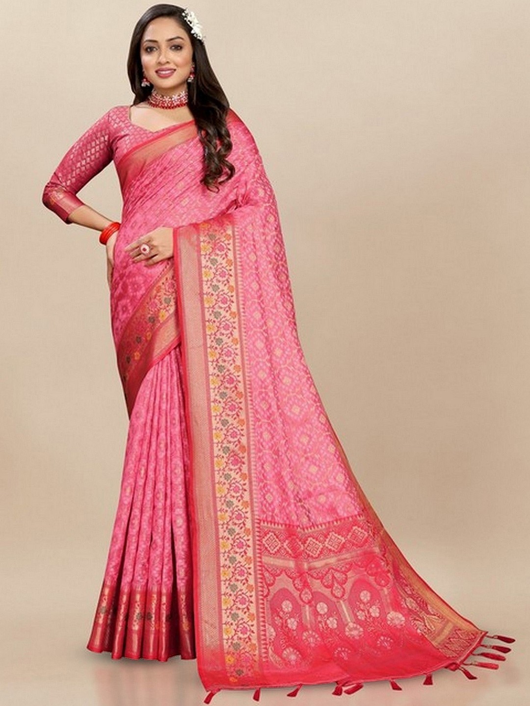 

VARNI FABRICS Woven Design Pure Silk Banarasi Saree, Pink