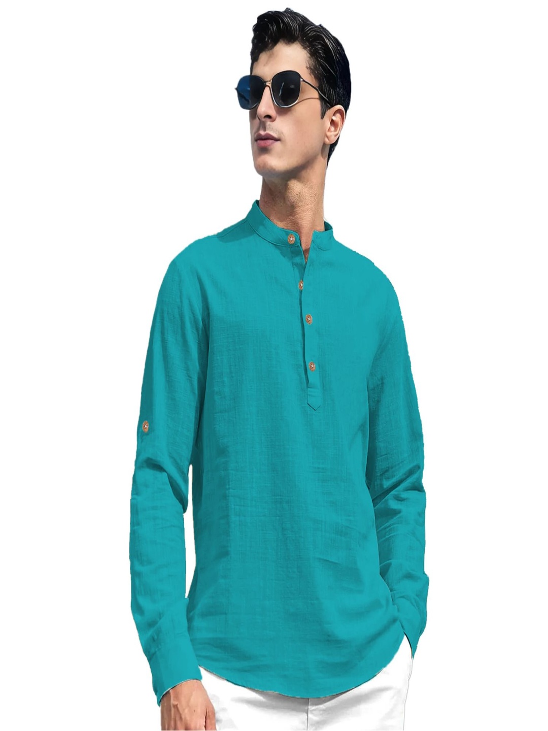 

EdinWolf Mandarin Collar Cotton Slim Fit Straight Kurta, Turquoise blue