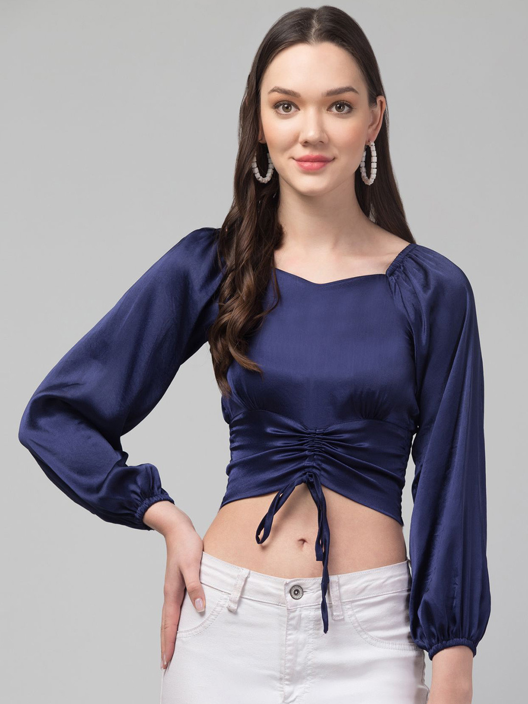 

CULPI Women Sweetheart Neck Puff Sleeve Satin Crop Top, Blue