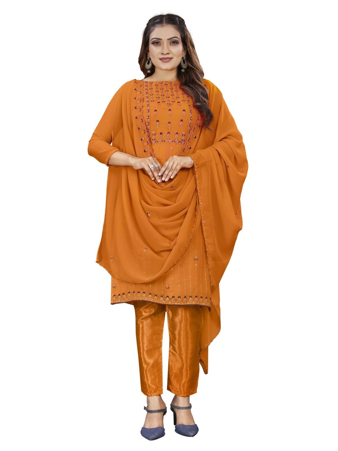 

A TO Z CART Embellished Silk Georgette Unstitched Dress Material, Mustard