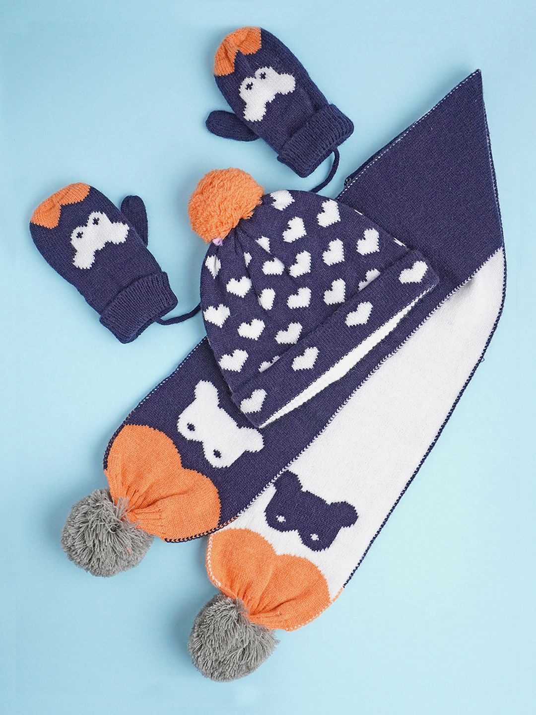 

Little Surprise Box LLP Kids Fox Matching Beanie Winter Cap Mufflers And Gloves Set, Navy blue