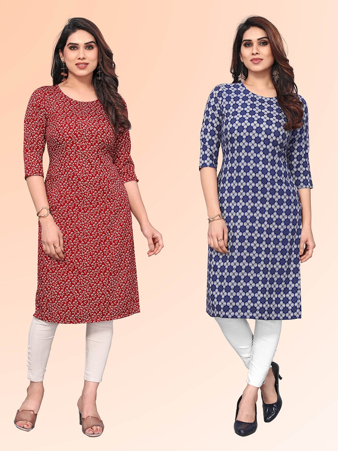 

KETAKI FASHION Selection Of 2 Floral Printed Round Neck Straight Kurtas, Red