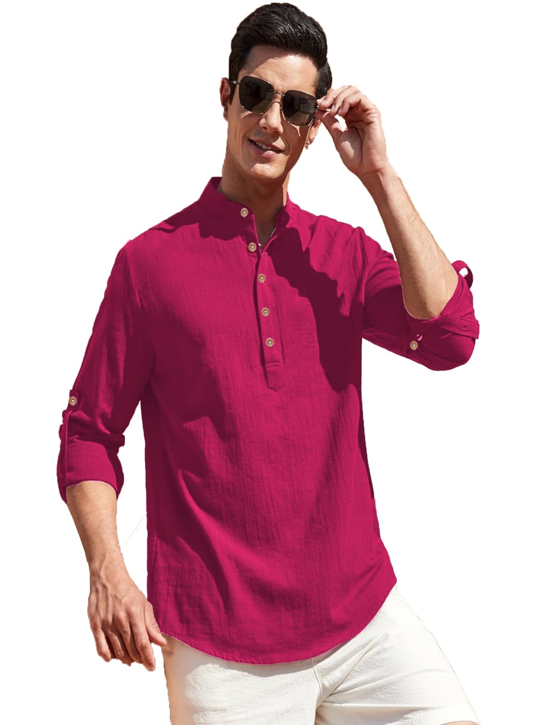 

EdinWolf Mandarin Collar Pure Cotton Straight Short Kurta, Pink