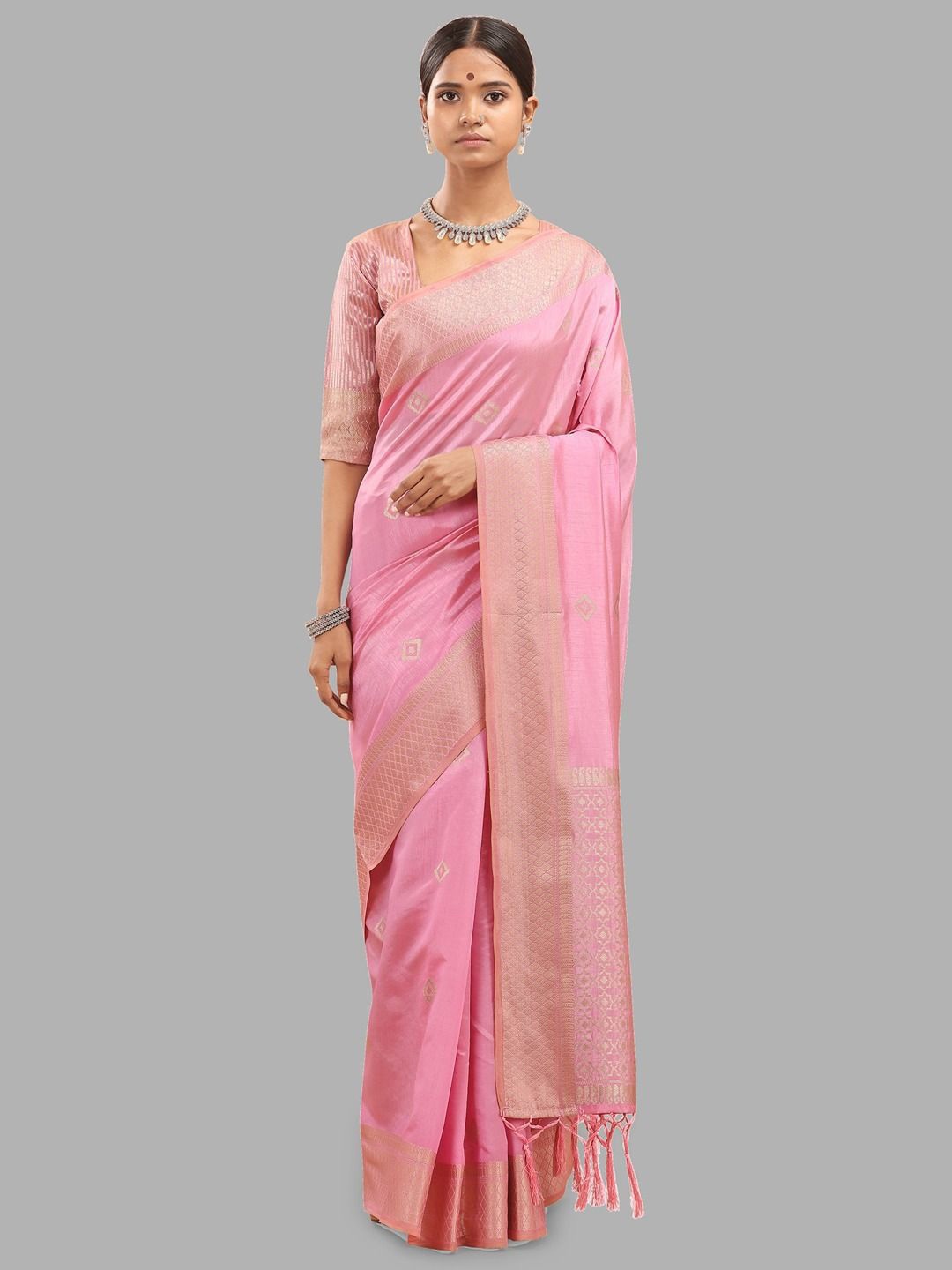 

Krimmple Ethnic Motifs Zari Pure Silk Banarasi Saree, Pink