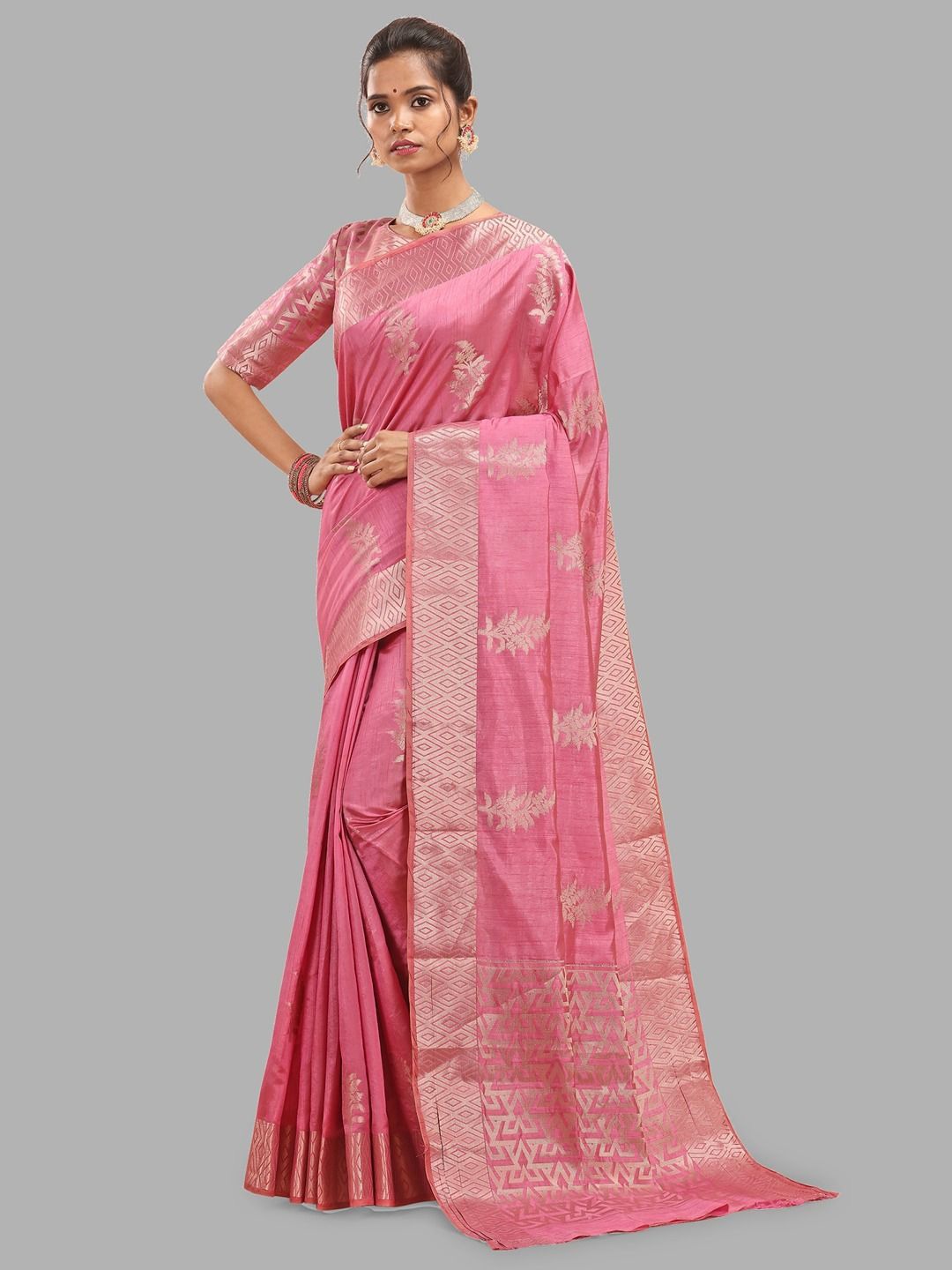 

Krimmple Woven Design Zari Pure Silk Banarasi Saree, Pink