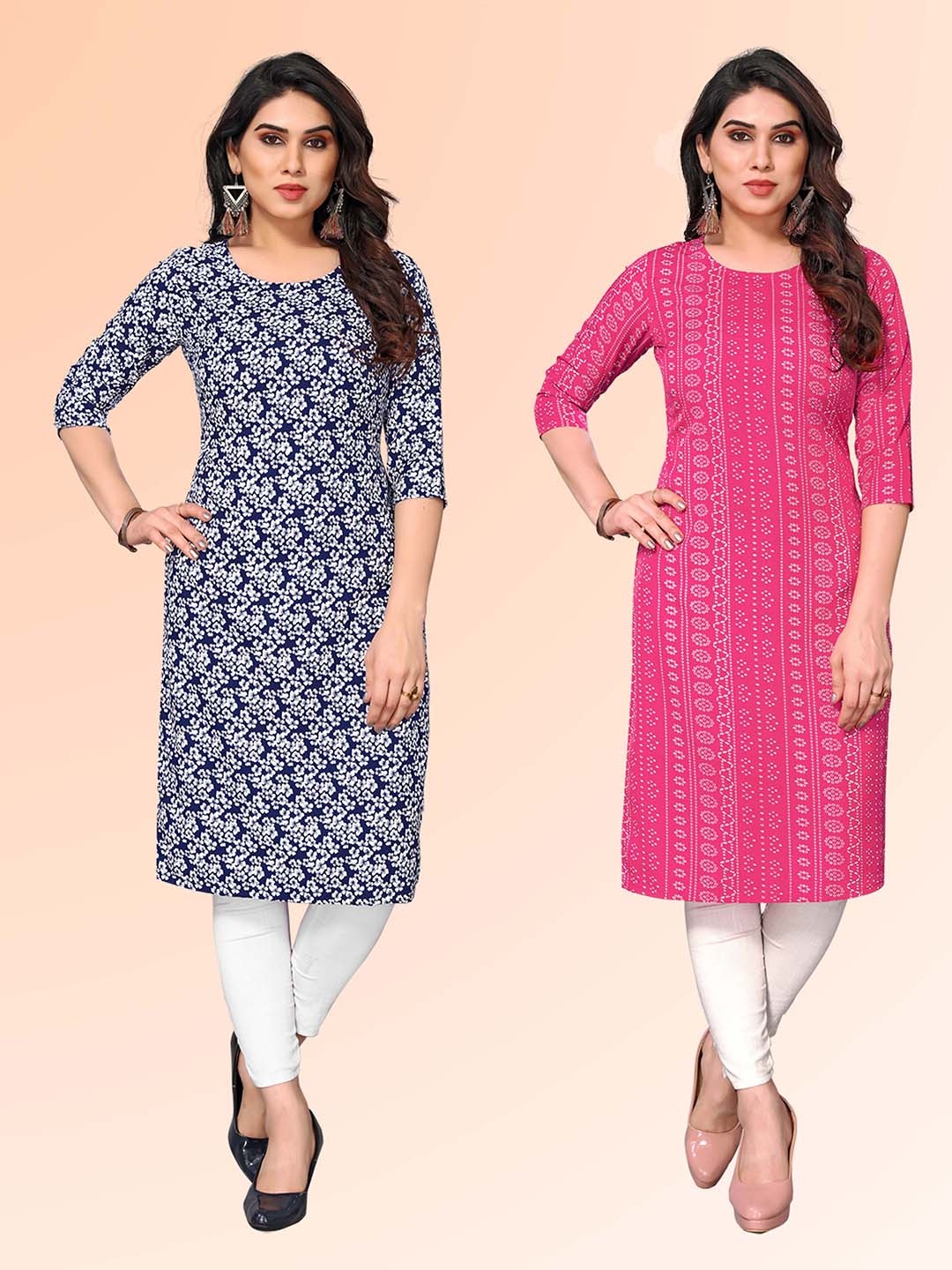 

KETAKI FASHION Selection Of 2 Floral Printed Round Neck Straight Kurtas, Blue