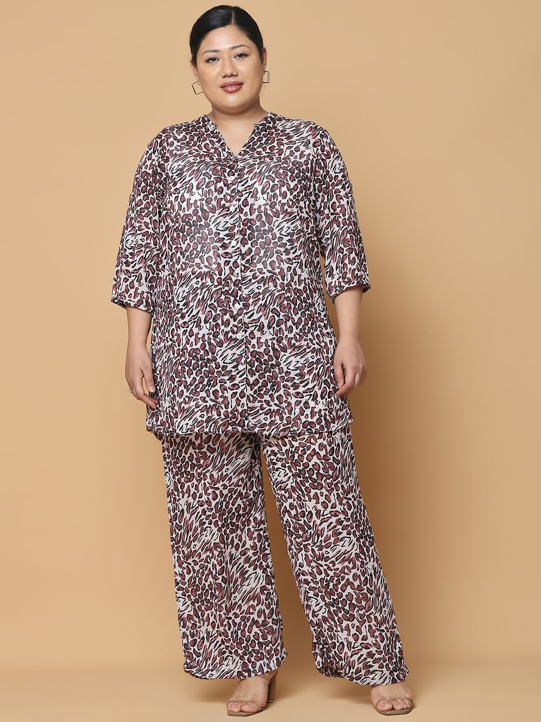 

theRebelinme Plus Size Printed Mandarin Collar Georgette Shirt With Trouser, Brown
