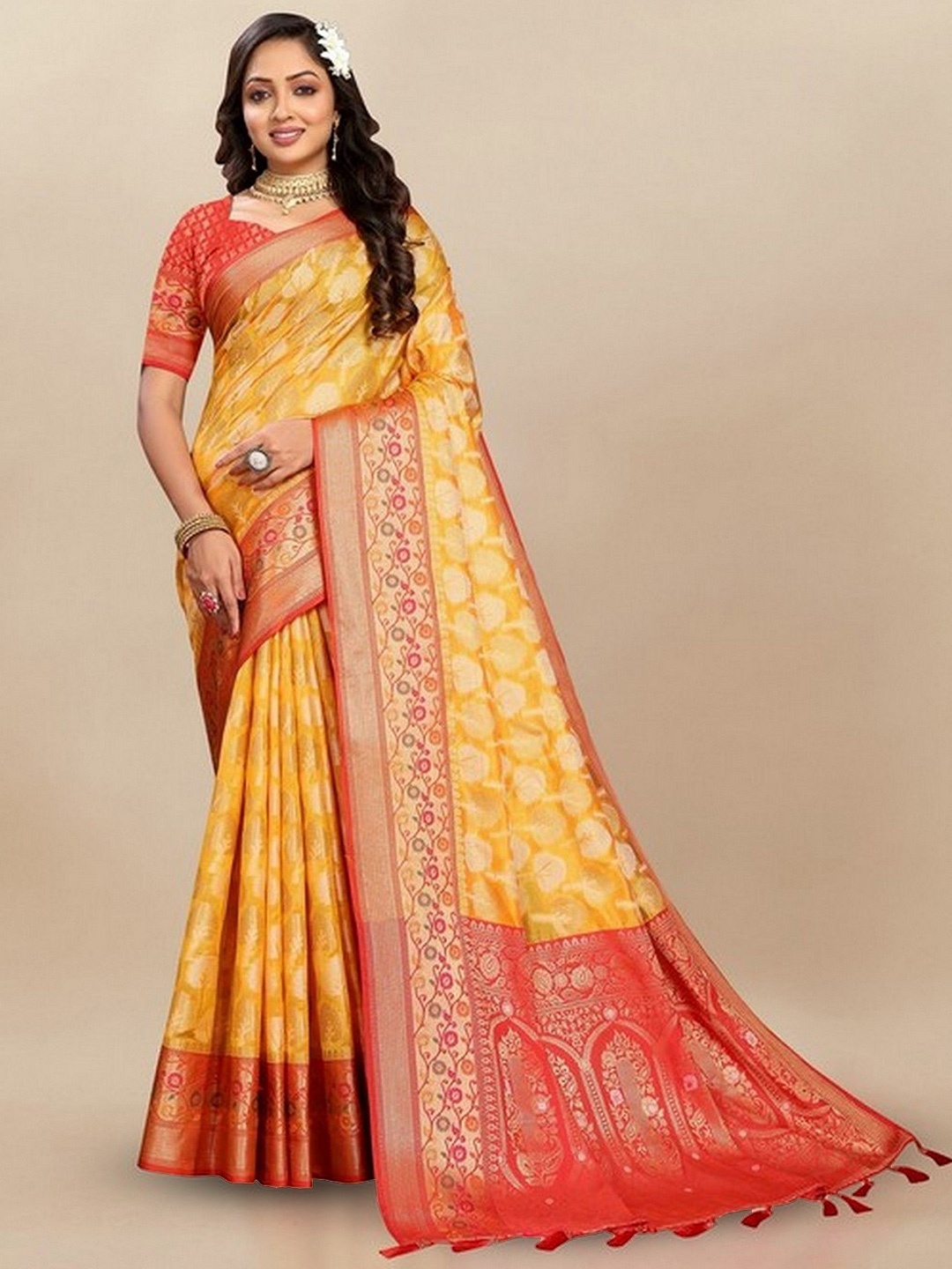 

VARNI FABRICS Woven Design Zari Pure Silk Banarasi Saree, Mustard