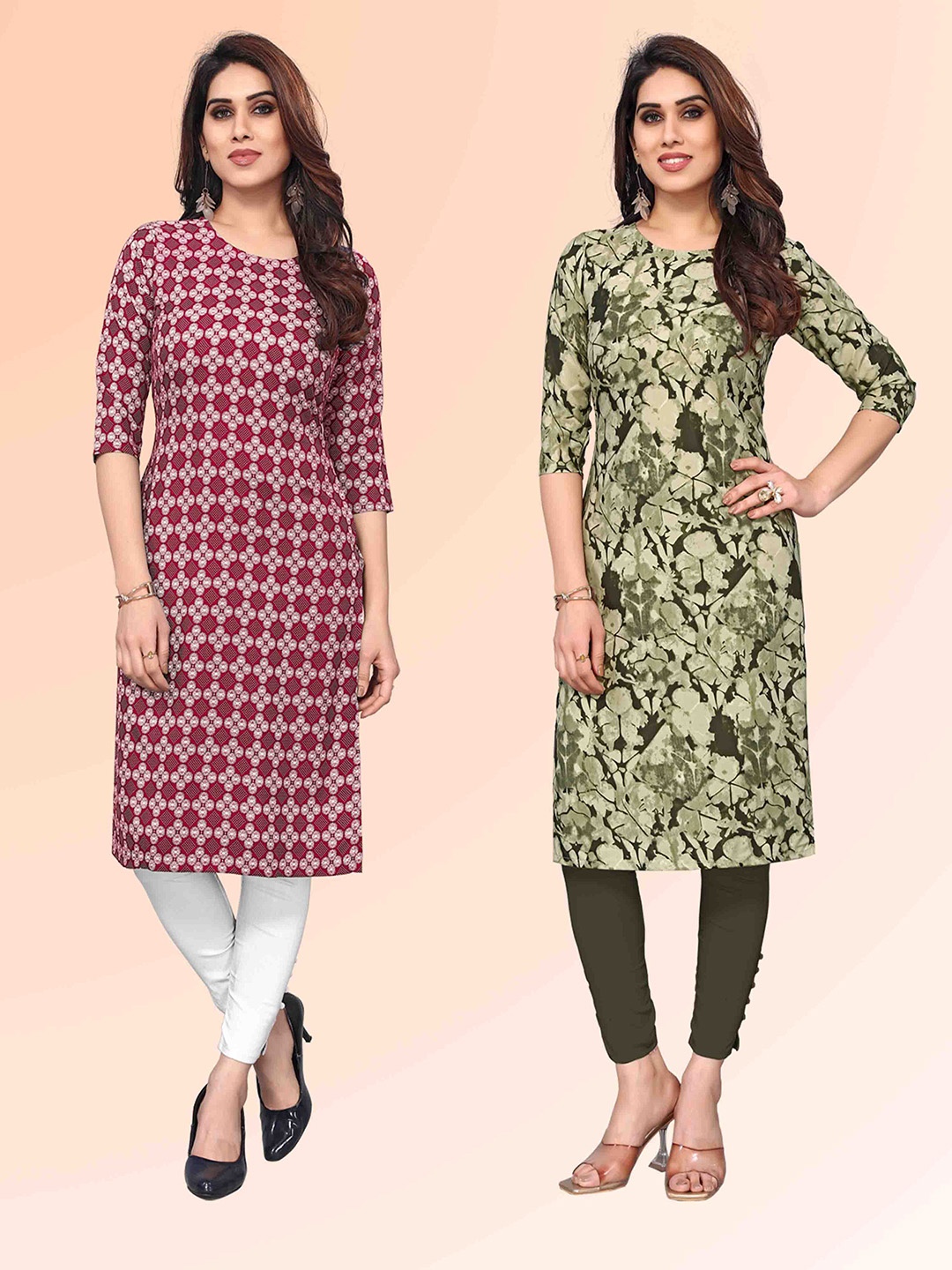 

KETAKI FASHION Selection Of 2 Geometric Printed Round Neck Straight Kurtas, Red