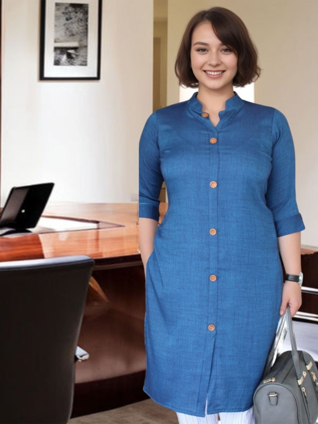 

SINDOORI Women Mandarin Collar Cotton Panelled Straight Kurta, Blue
