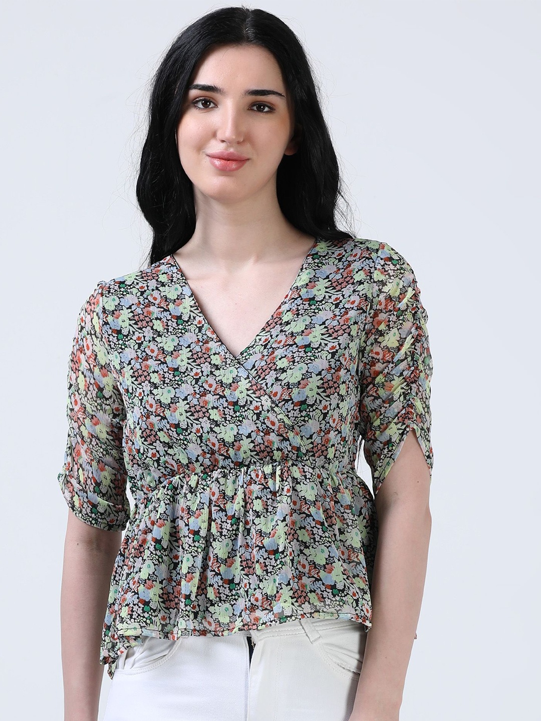 

Hassu's Women Floral Printed Puff Sleeves Cinched Waist Top, Black