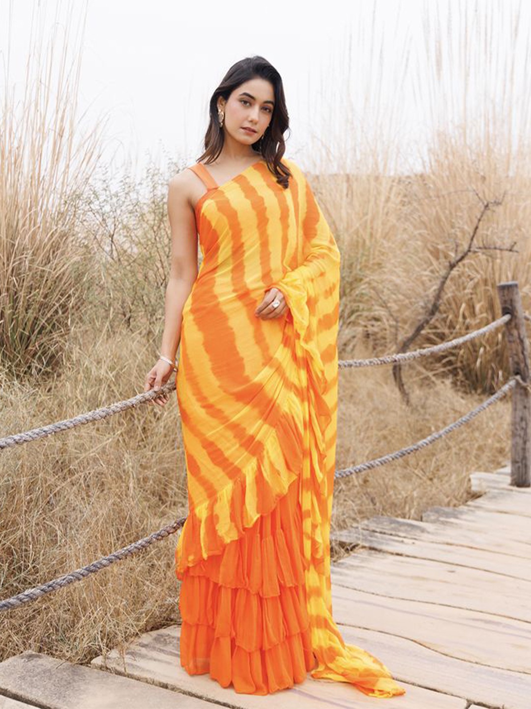 

Geroo Luxe Leheriya Pure Chiffon Ready to Wear Leheriya Saree, Orange