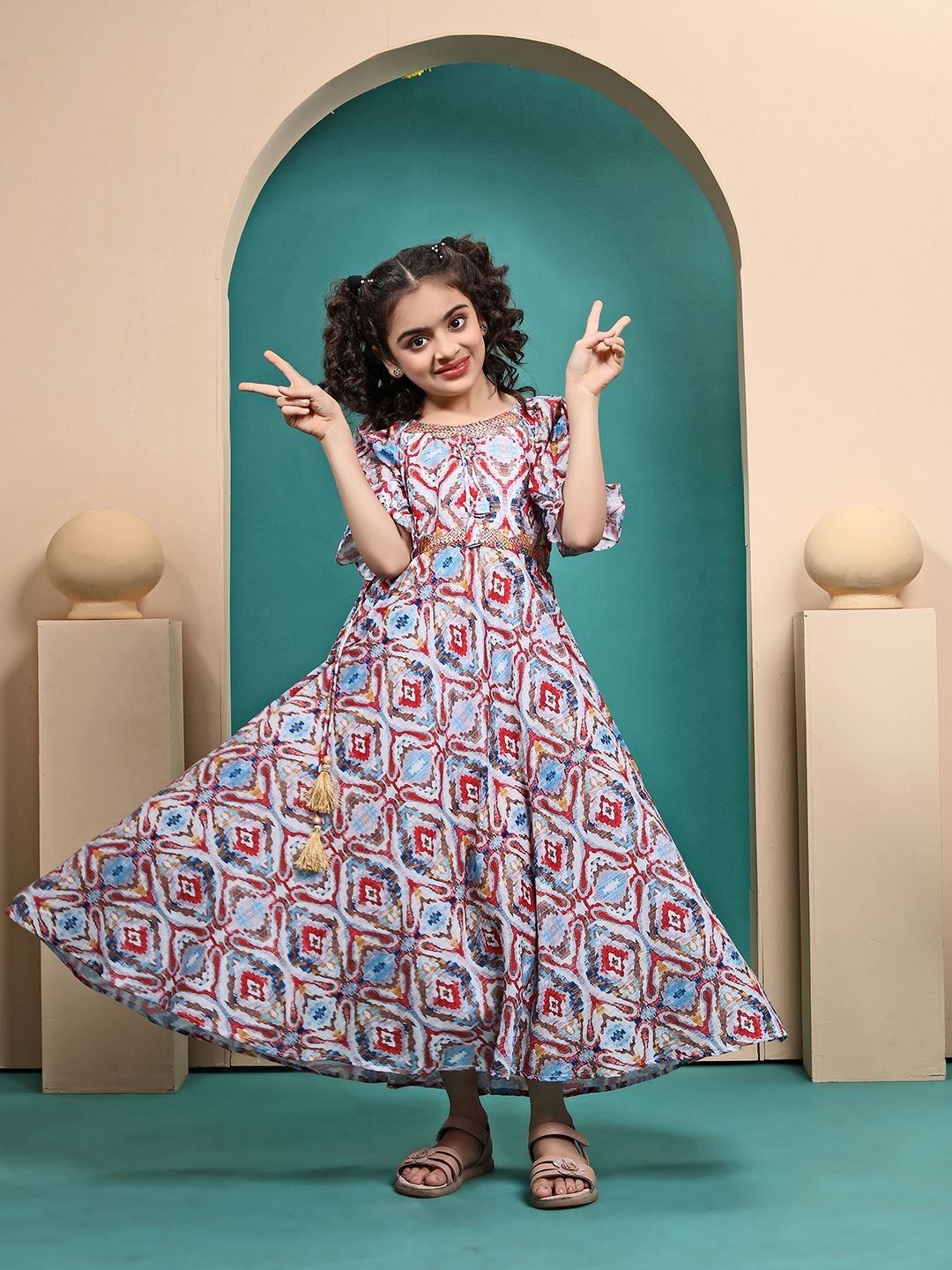 

LOOKS AND LIKES Girls Ethnic Motifs Printed Cotton Fit & Flare Maxi Dress, White