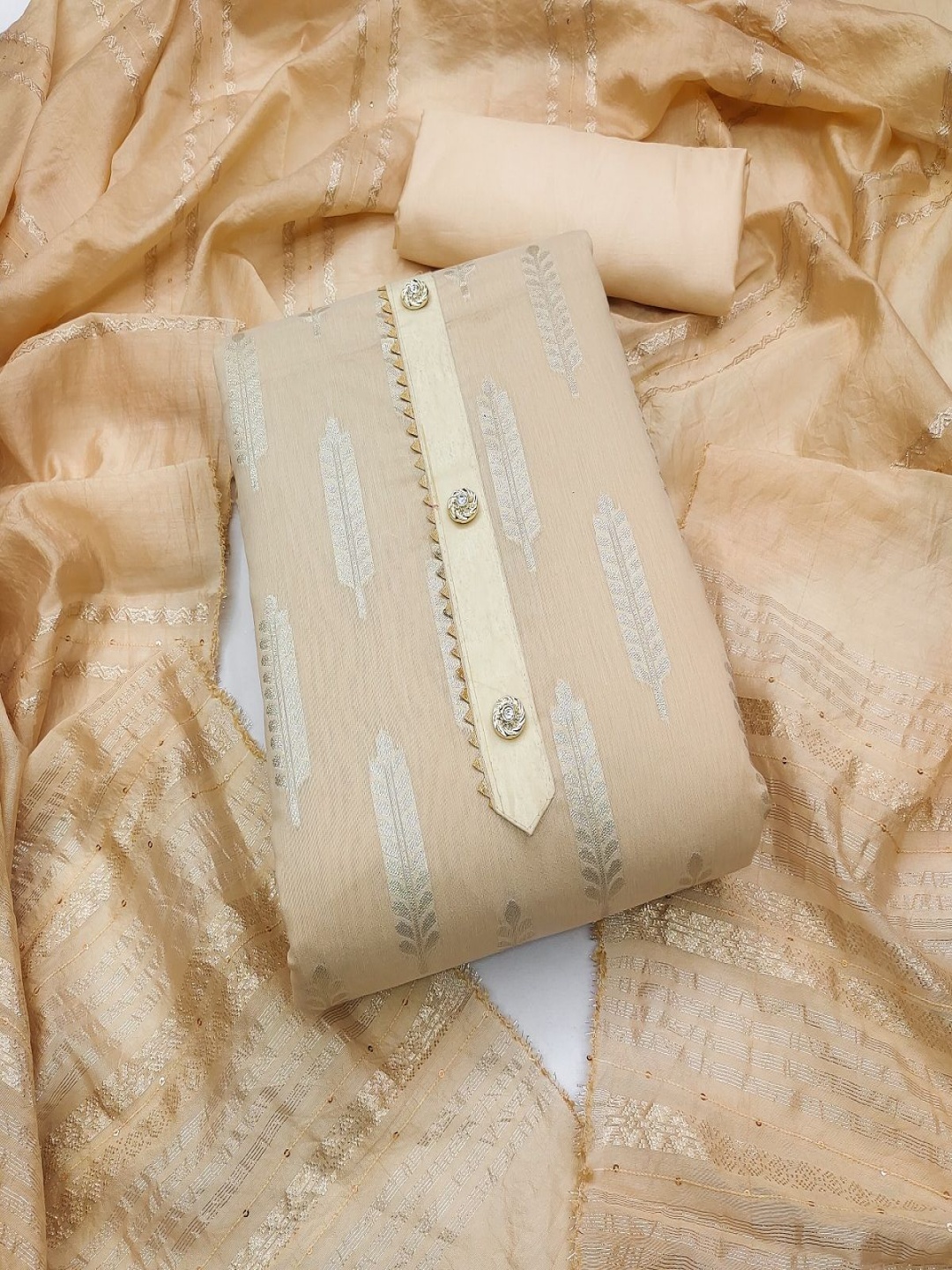

A TO Z CART Embellished Unstitched Dress Material, Cream