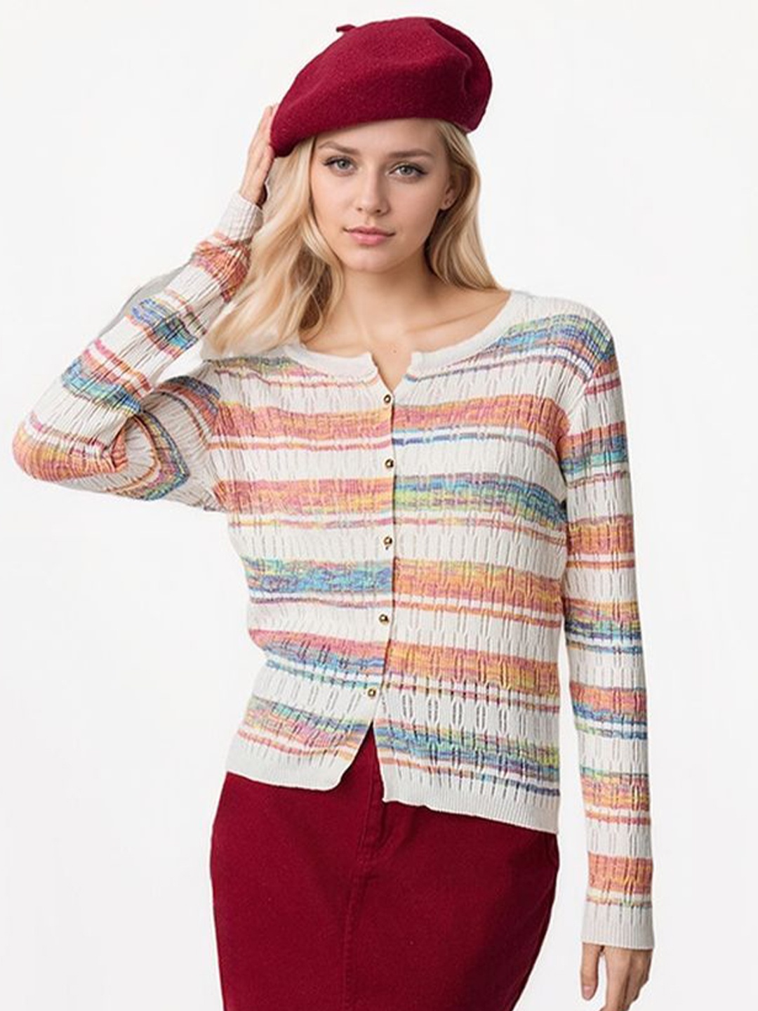 

LULU & SKY Women Striped Cardigan, Pink