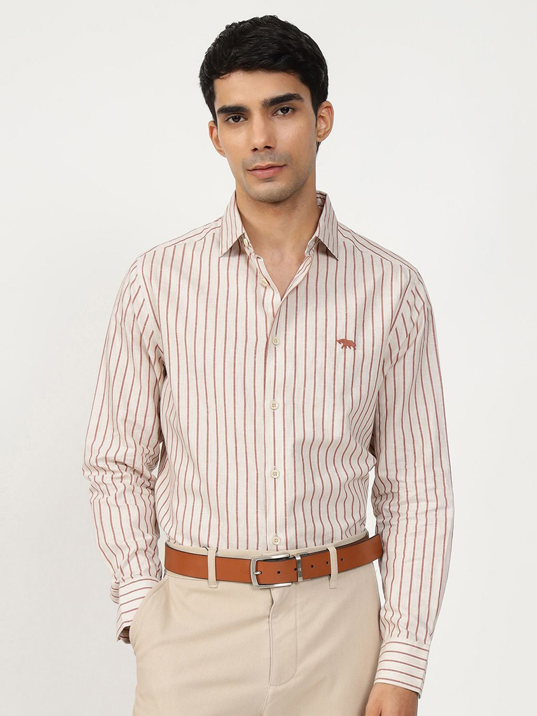 

Andamen Semi Casual Men Cotton Linen Stripe Slim Fit Shirt, Beige