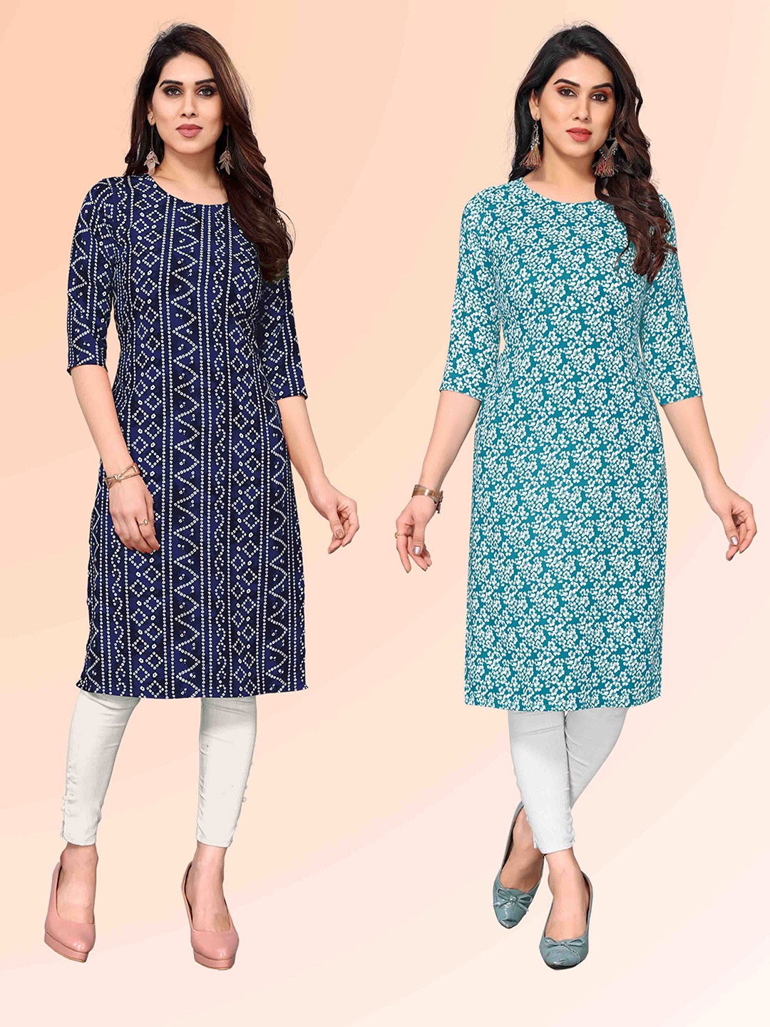 

KETAKI FASHION Selection Of 2 Bandhani Printed Round Neck Straight Kurtas, Navy blue