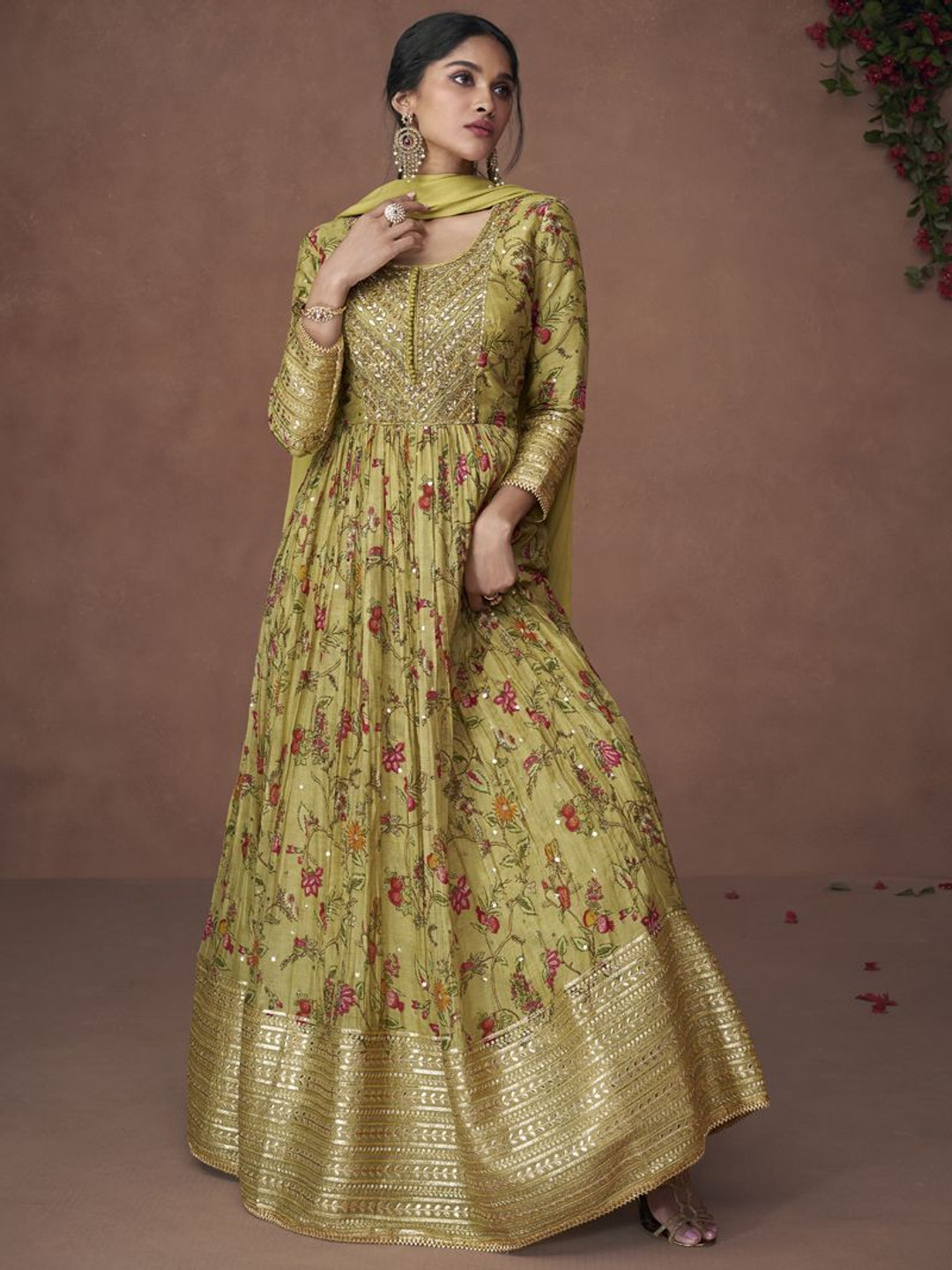 

ASISA Floral Printed Gotta Patti Work Round Neck Anarkali Kurta With Dupatta, Green