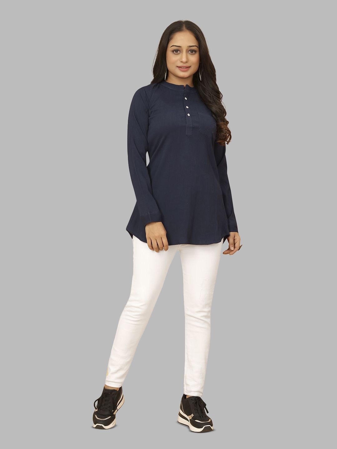 

Krimmple Cotton Mandarin Collar A-Line Top, Blue