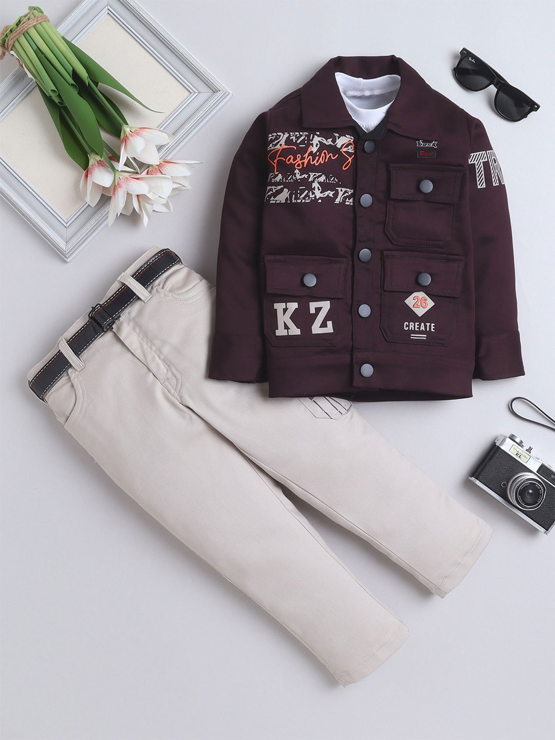 

FOURFOLDS Boys Printed Shirt Collar Jacket With Trouser & T-Shirt, Burgundy