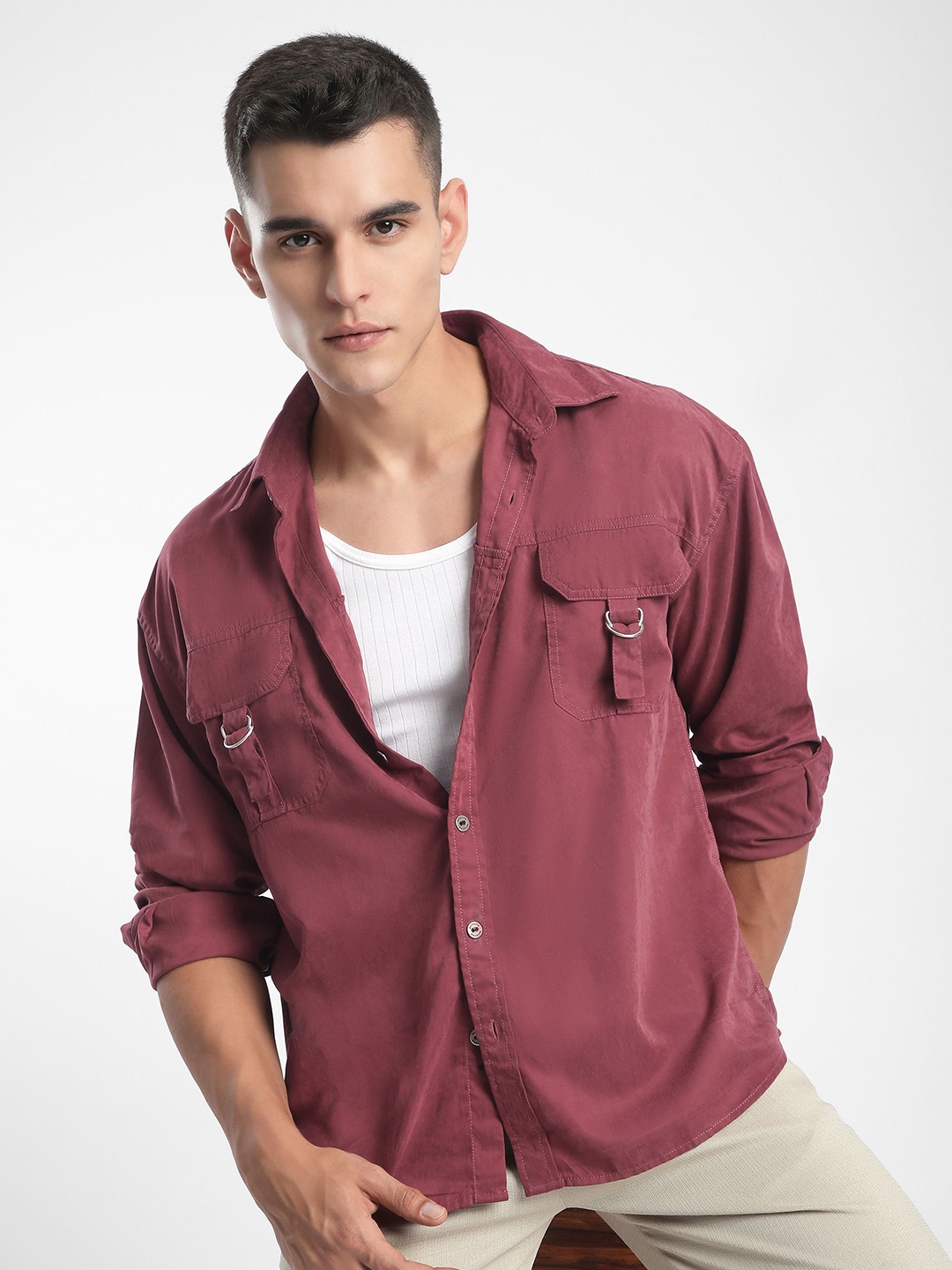 

Beyoung Men Spread Collar Textured Casual Shirt, Maroon