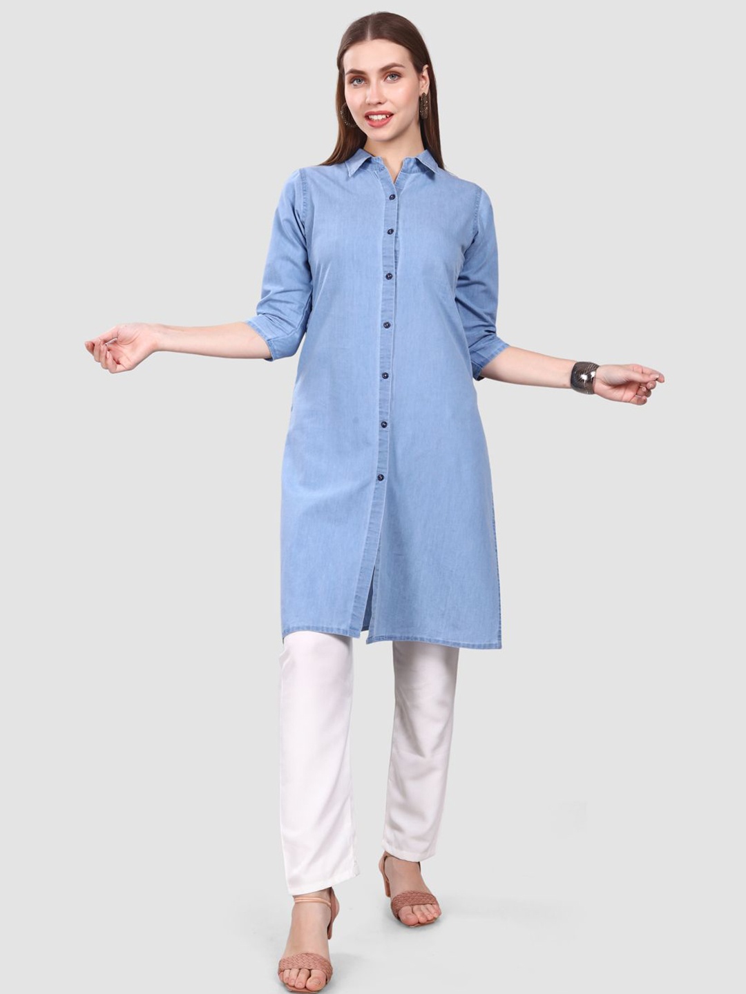 

SK Creation Shirt Collar Denim Straight Kurta, Blue