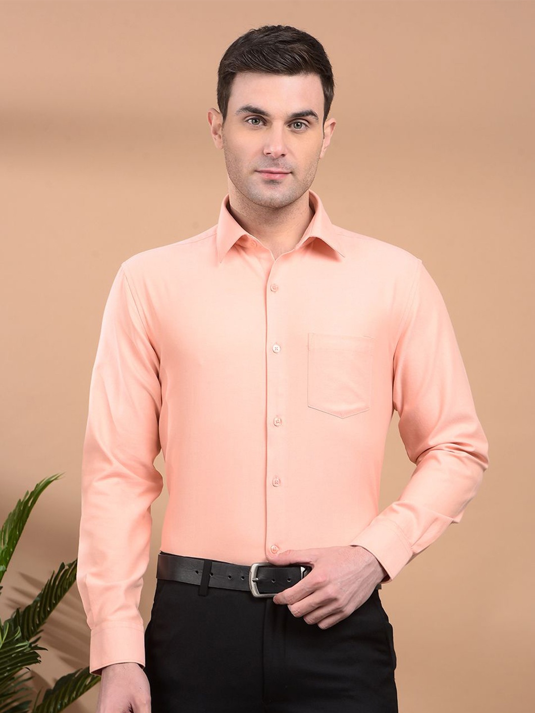 

Canary London Men Smart Fit Spread Collar Solid Cotton Formal Shirt, Peach