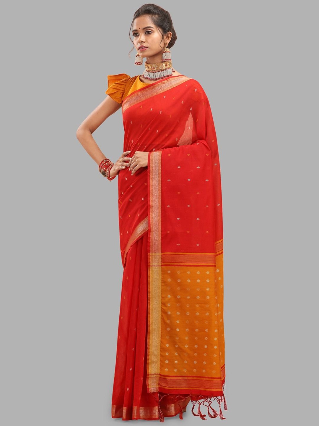 

Krimmple Woven Design Zari Silk Cotton Banarasi Saree, Red