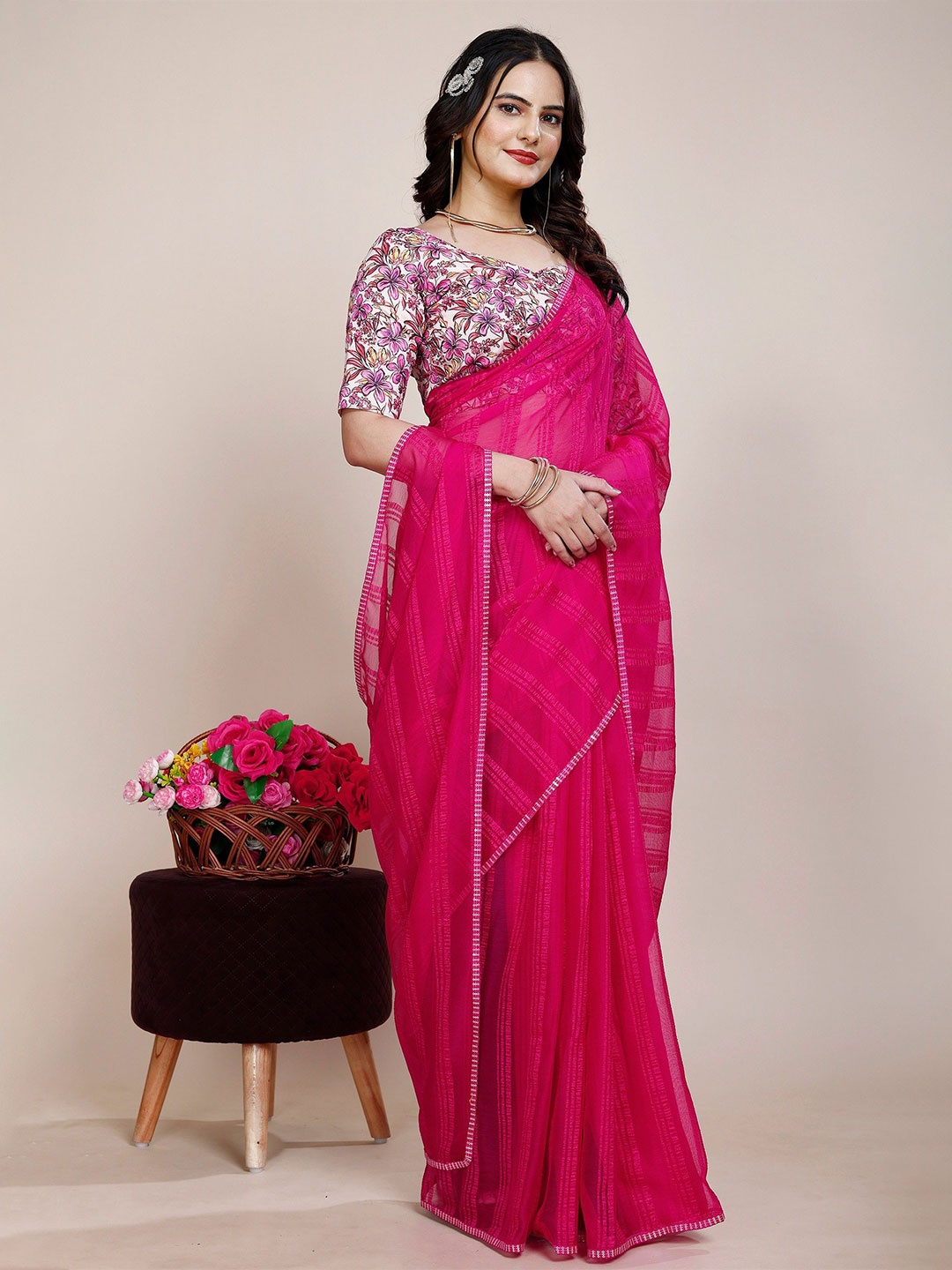 

K 5 Fashion Striped Pure Chiffon Saree, Magenta