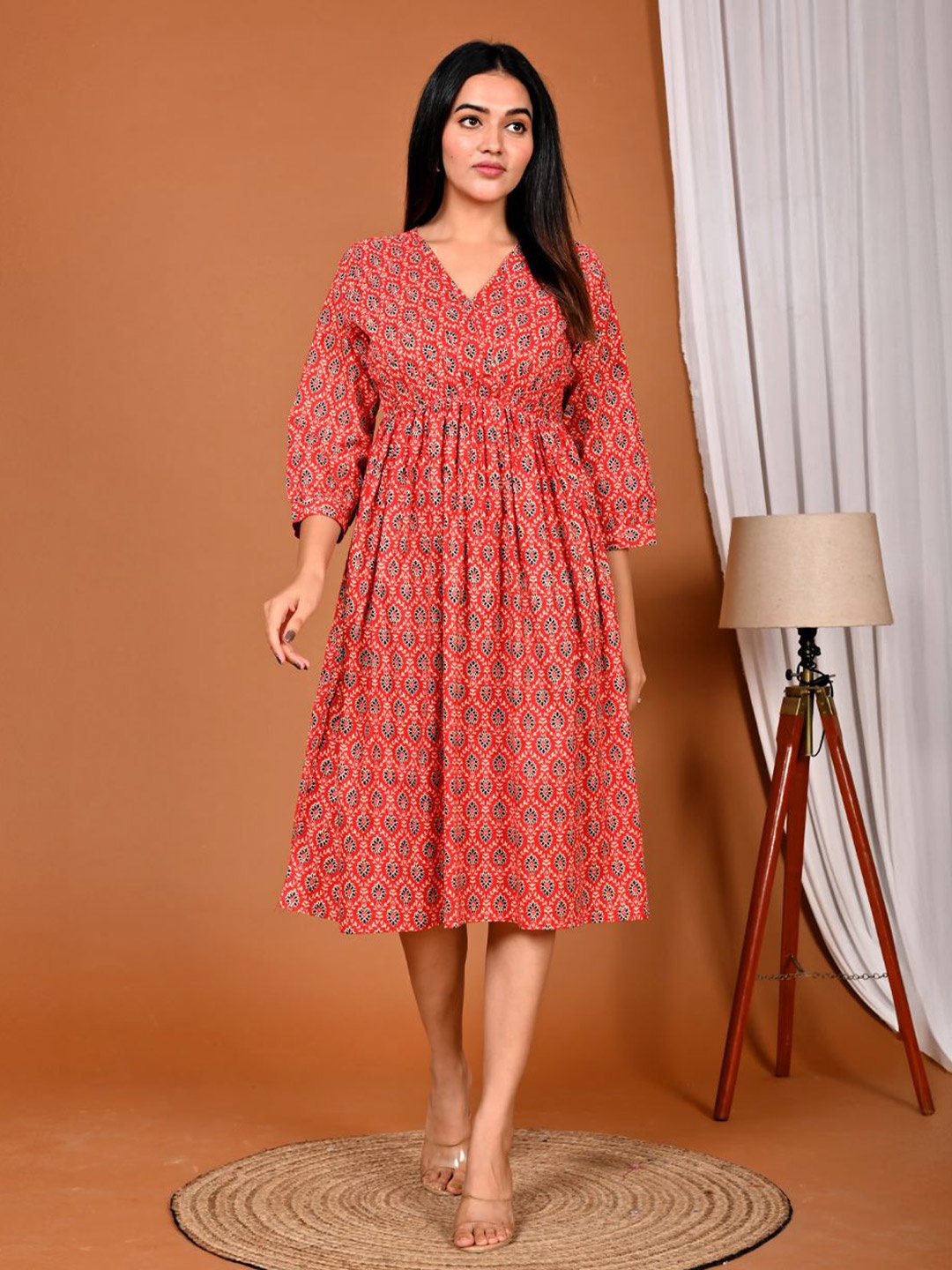 

FABRU Ethnic Motifs Printed Cotton Fit and Flare Dress, Red