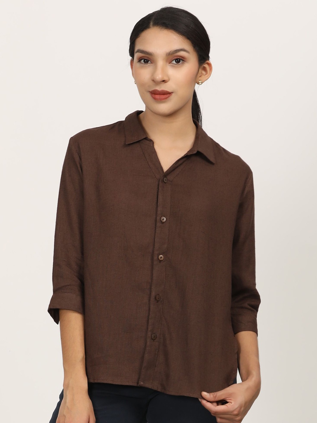 

Saltpetre Women Relaxed Fit Spread Collar Solid Linen Casual Shirt, Coffee brown