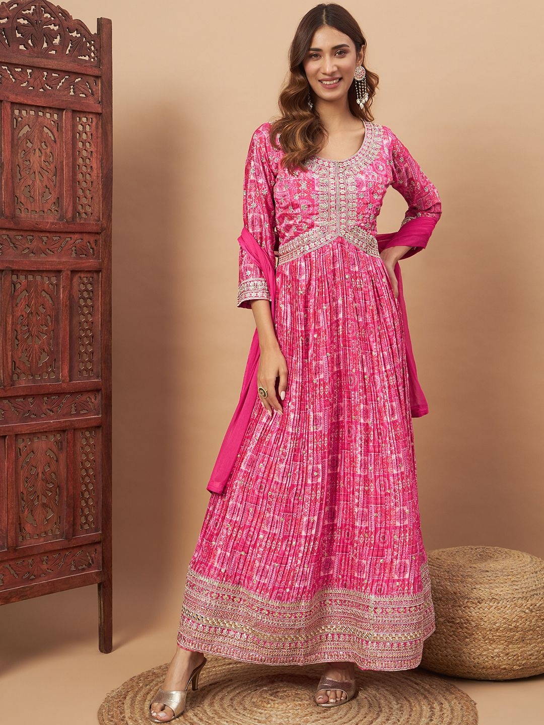 

Chhabra 555 Embellished Gown Maxi Ethnic Dresses With Dupatta, Pink