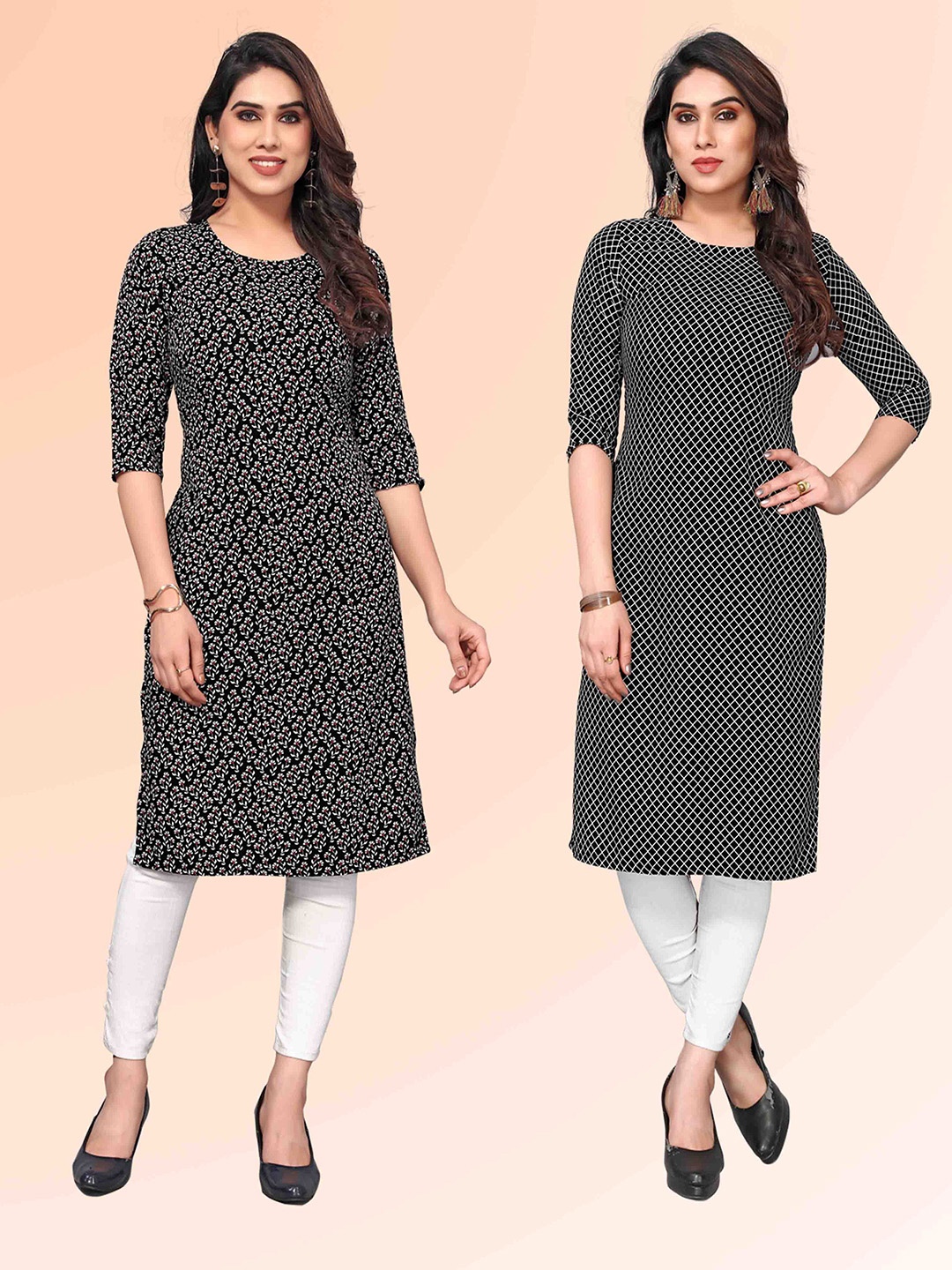 

KETAKI FASHION Selection of 2 Floral Printed Round Neck Straight Kurtas, Black